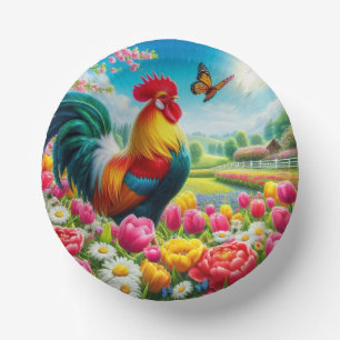 Cuencos De Papel Obra de arte de gallos/gallos/gallinas con flores/