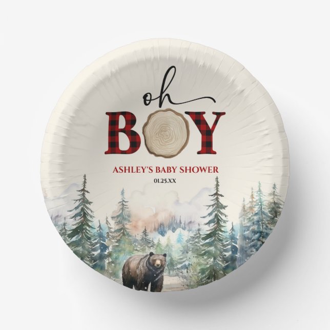 Cuencos De Papel Oh Boy Lumberjack Woodland Forest Bear Baby Shower (Anverso)