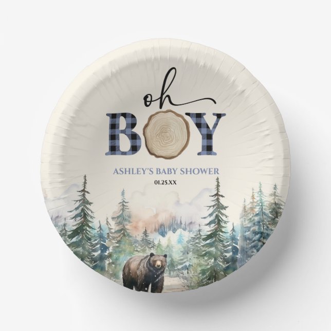 Cuencos De Papel Oh Boy Lumberjack Woodland Forest Bear Baby Shower (Anverso)