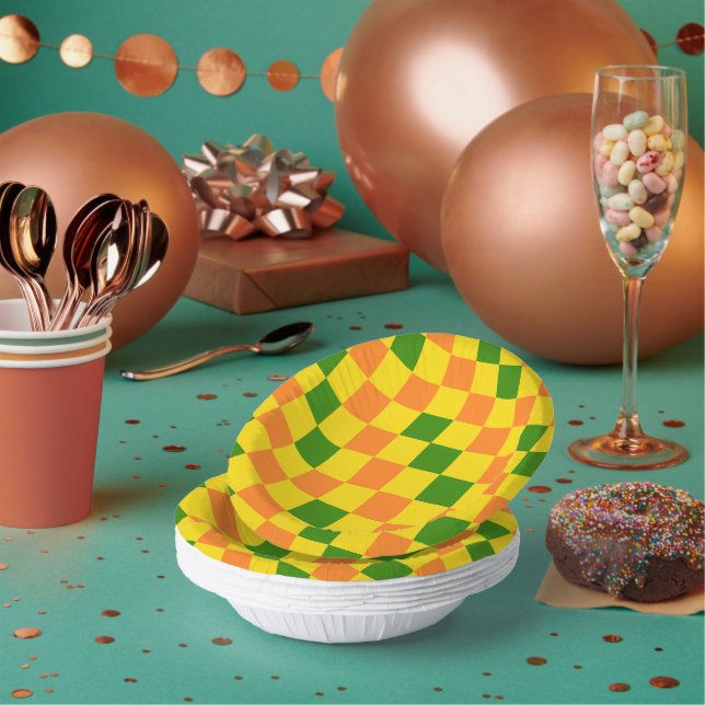 Cuencos De Papel Orange Yellow Green Checkered Pattern Design  (Multi)