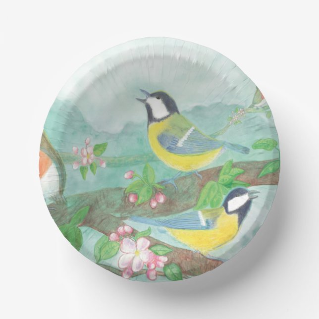 Cuencos De Papel Pájaros cantando en una rama de árbol floreciendo  (Anverso)