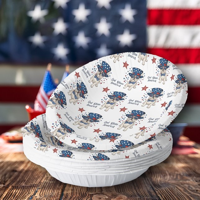Cuencos De Papel Patriótico Whimsical Francés Bulldog Rojo Azul Bla (Patriotic Whimsical French Bulldog Red White Blue Paper Bowls, God Bless America (or edit slogan))