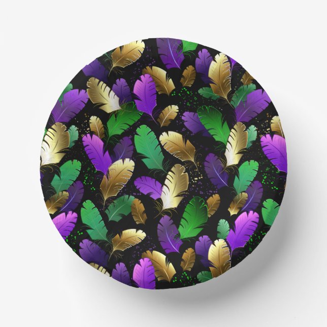 Cuencos De Papel Patrón continuo con plumas de Mardi Gras (Anverso)