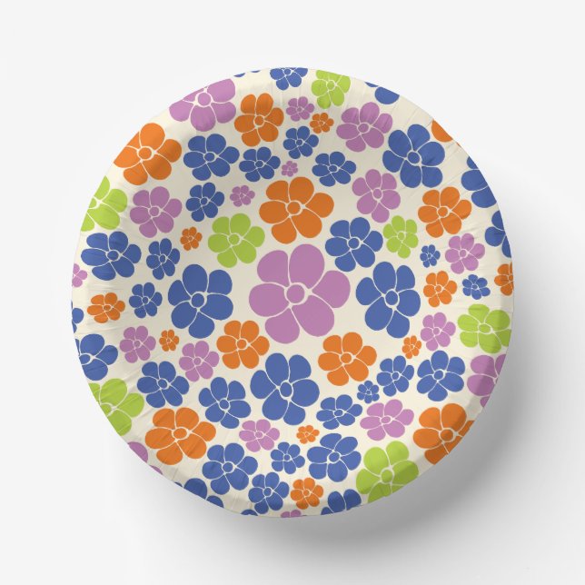 Cuencos De Papel Patrón de flores: azul, Naranja, púrpura, verde (Anverso)