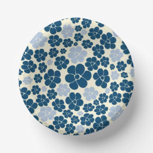Cuencos De Papel Patrón de flores - azul oscuro, azul claro y crema