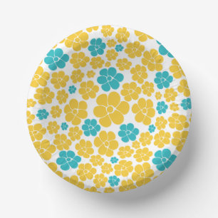 Cuencos De Papel Patrón de flores - Turquesa y amarillo