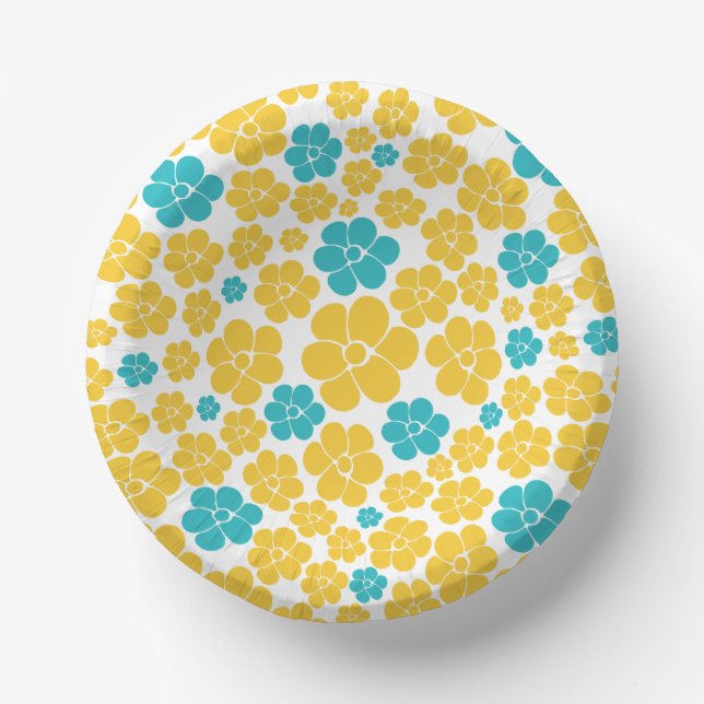 Cuencos De Papel Patrón de flores - Turquesa y amarillo (Anverso)