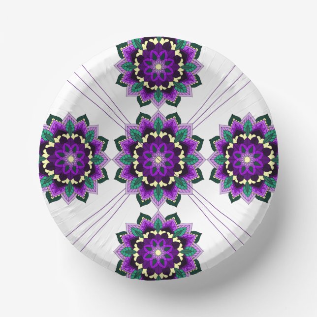 Cuencos De Papel Patrón Mandala 02 en placa de papel morado (Anverso)