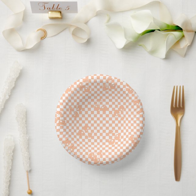 Cuencos De Papel Peach Fuzz Cherry Gingham Pattern (Boda)