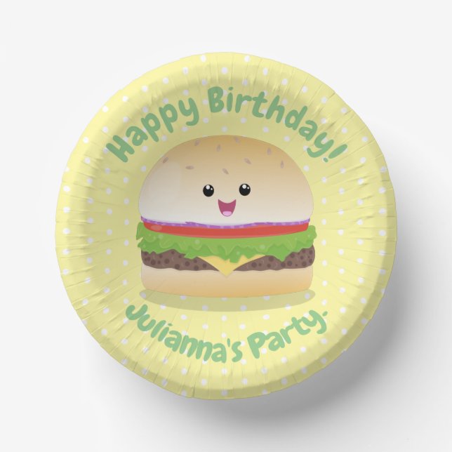 Cuencos De Papel Personalizado de hamburguesa kawaii feliz (Anverso)