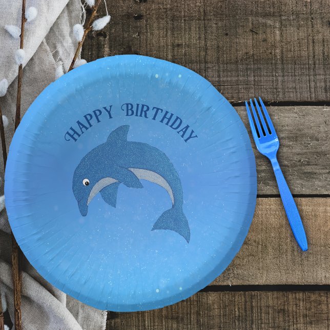 Cuencos De Papel Personalizado Esparkle azul Pañuelo blanco (Fun cartoon blue white dolphin in jumping position on Blue Happy Birthday  paper bowl.)