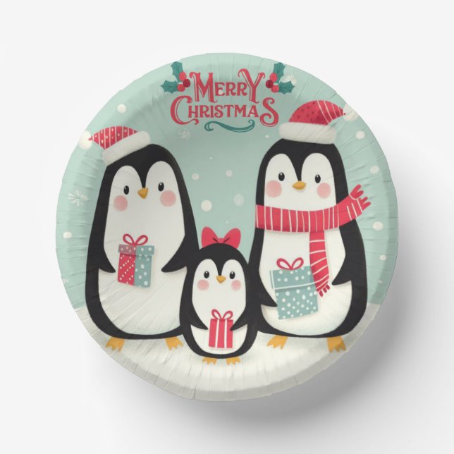 Cuencos De Papel Pingüinos nevados de Feliz Navidad (Anverso)