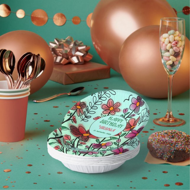 CUENCOS DE PAPEL PRIMAVERA ÚNICA DOODLE ROJO FLORES CUMPLEAÑOS (Multi)