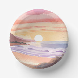 Cuencos De Papel Puesta de sol del mar rosado | Pintura en acuarela
