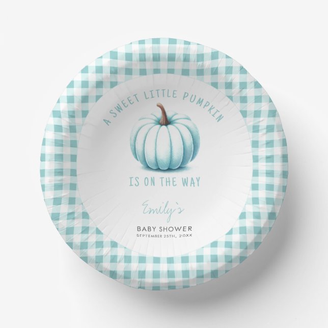 Cuencos De Papel Pumpkin Blue Gingham Plaid Boy Baby Shower (Anverso)