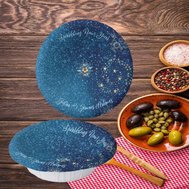 Cuencos De Papel Purpurina de Año Nuevo esparcido azul Fiesta flora (Blue Sparkling New Year Glitter Stars Floral Party Paper Bowls)
