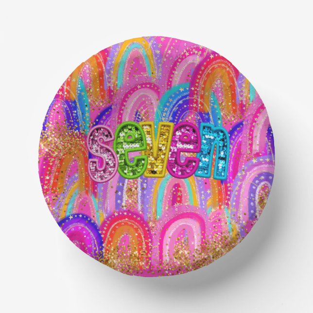 Cuencos De Papel Purpurina de oro del arcoiris séptimo cumpleaños (Anverso)
