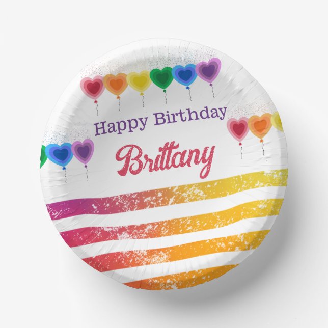 Cuencos De Papel Rainbow Stripes Heart Balloons Name Year Birthday (Anverso)