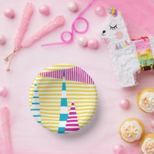 Cuencos De Papel Rayas en franjas turquesa, amarilla y rosa