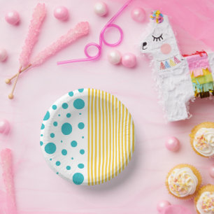 Cuencos De Papel Rayas y puntos - turquesa y amarilla