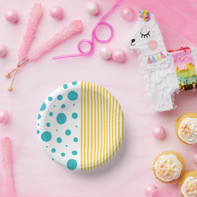 Cuencos De Papel Rayas y puntos - turquesa y amarilla (Fiesta)