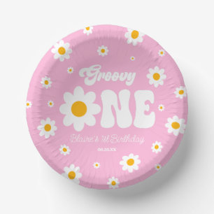 Cuencos De Papel Retro Daisy Flower Groovy Primer Fiesta de cumplea