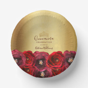 Cuencos De Papel Rosa Roja Chic Corona Floral Dorada Quinceañera