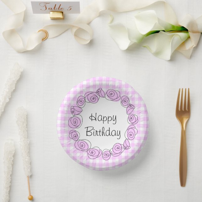 Cuencos De Papel Rosas Lilac Circle Check Cumpleaños (Boda)