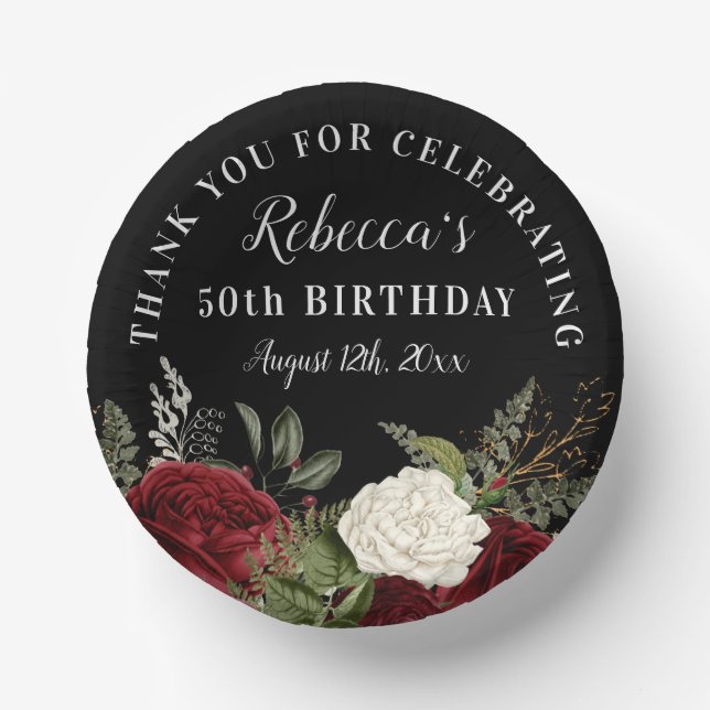 Cuencos De Papel Rosas rojas en negro 50 cumpleaños gracias (Anverso)