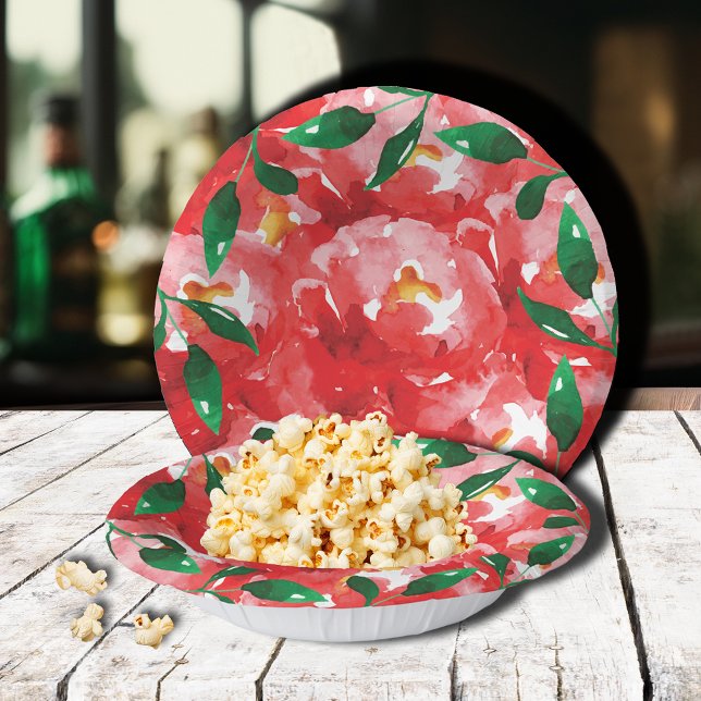 Cuencos De Papel Rosas Rojas Hojas Verdes (Red roses floral collage paper bowls)