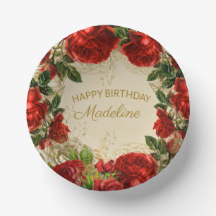 Cuencos De Papel Rosas Rojas Vintage Cumpleaños Feliz Mujer 