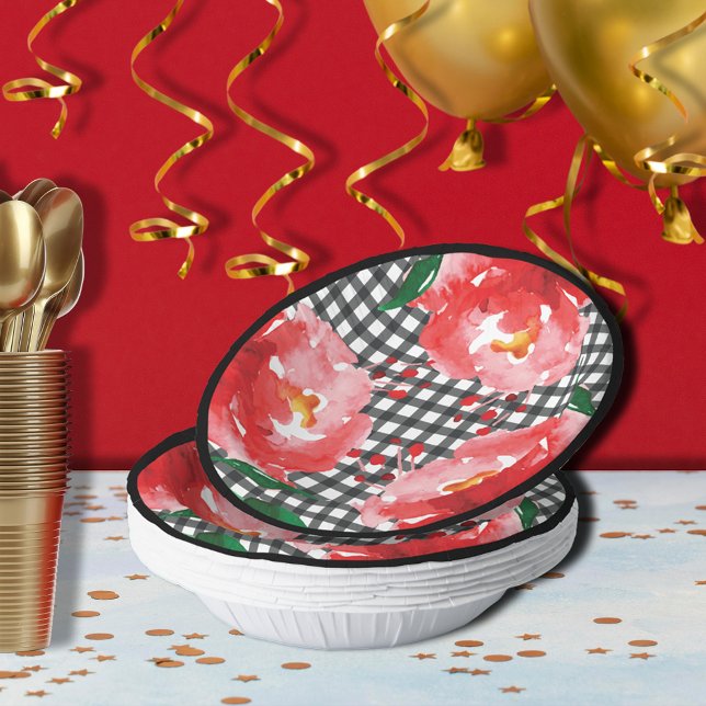Cuencos De Papel Roses rojas blanco negro Gingham (Red roses on black and white gingham paper bowls)