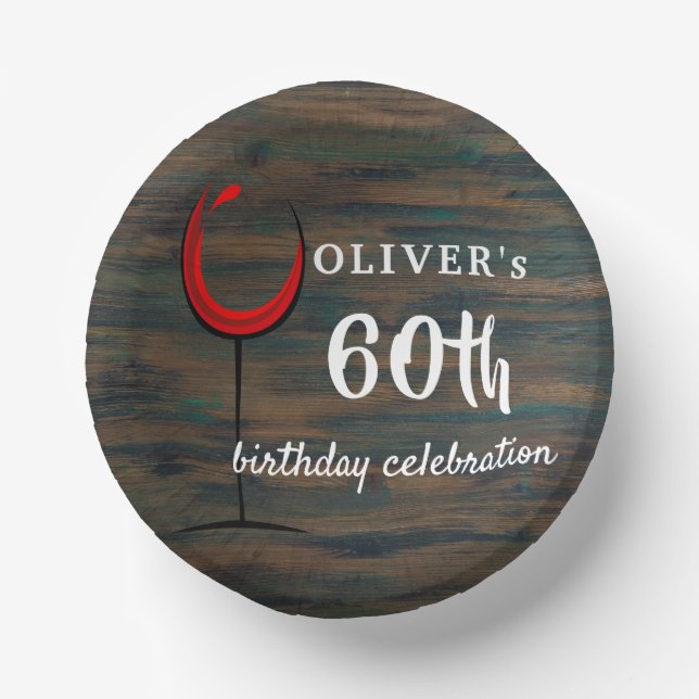 Cuencos De Papel Rustic Wood Red Wine 60th Birthday Party (Anverso)