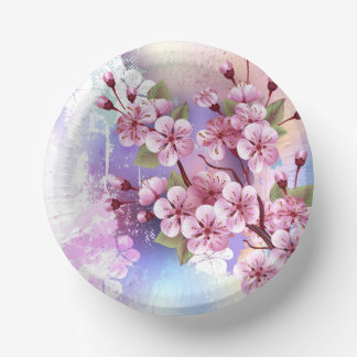 Cuencos De Papel Sakura rosa sobre fondo de pintura
