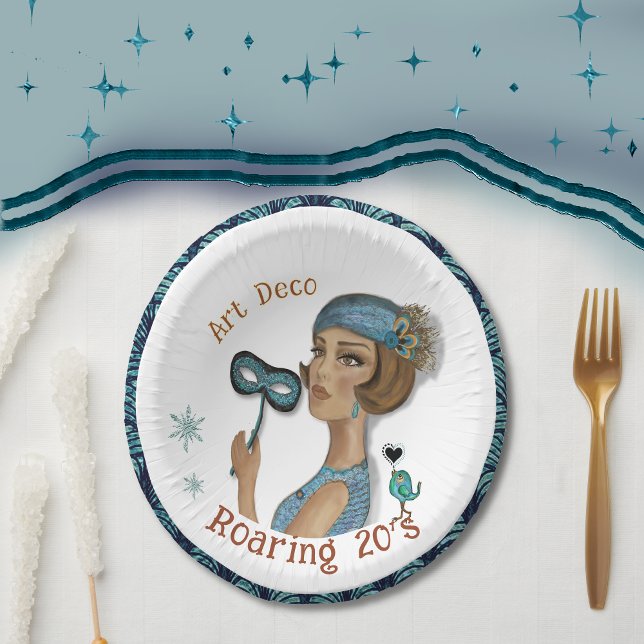 Cuencos De Papel Señora Art Deco con flor blanca (Art Deco Lady with flower white Paper Bowls)