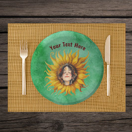 Cuencos De Papel Smiling Girl Brown Hair in Big Sunflower on Green