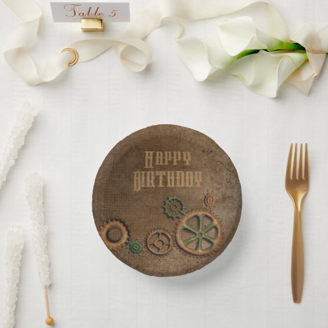 Cuencos De Papel Steampunk Rusty Gears Happy Birday Paper Placas (Boda)