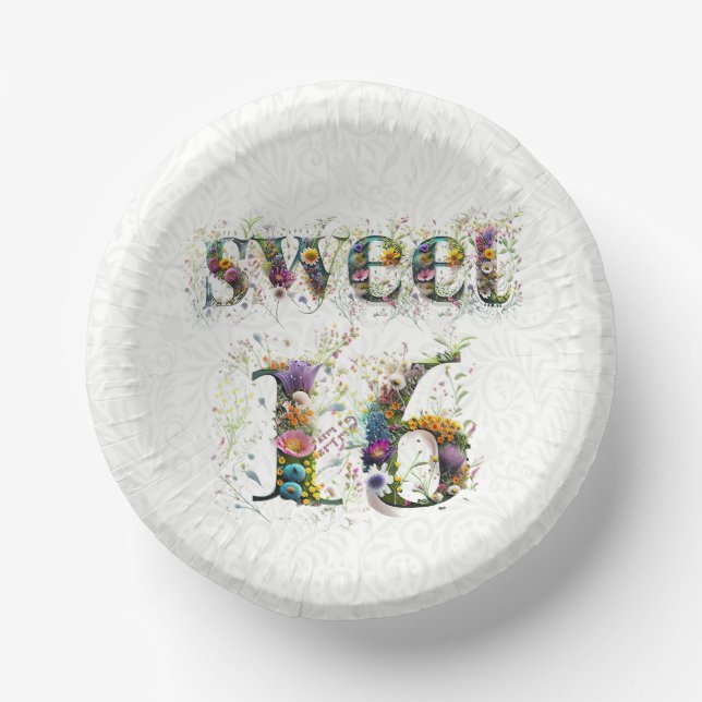 Cuencos De Papel Sweet 16 Happy Birthday Wildflowers Text (Anverso)