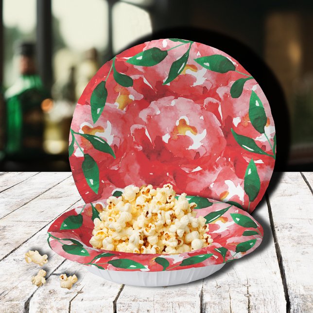 Cuencos De Papel Tazones de papel floral con vegetación de rosas ro (Red roses and greenery floral black rimmed paper bowls)