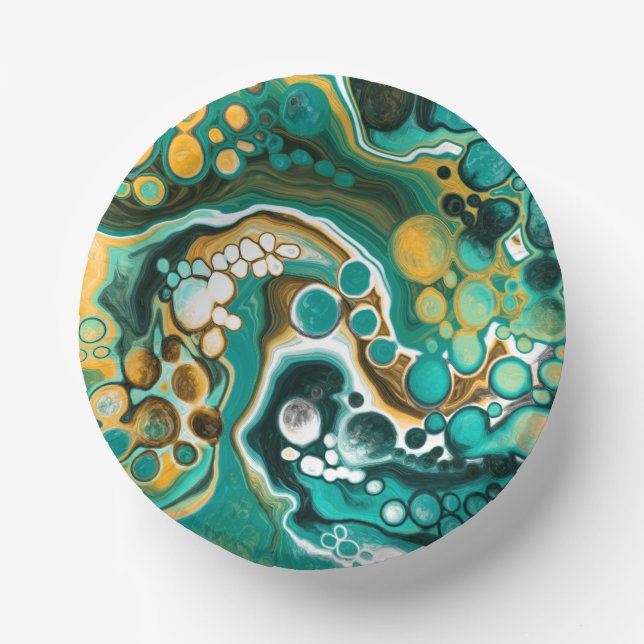 Cuencos De Papel Turquesa, Oro, Marble Fluid Art (Anverso)