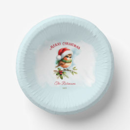 Cuencos De Papel Un Robin Cuerdo En Santa Hat Navidades Rojos Clási