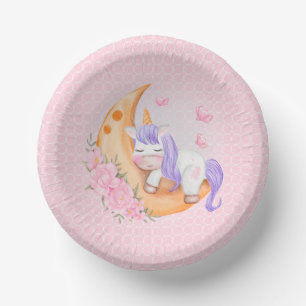 Cuencos De Papel Unicornio bebé sobre la luna con flores