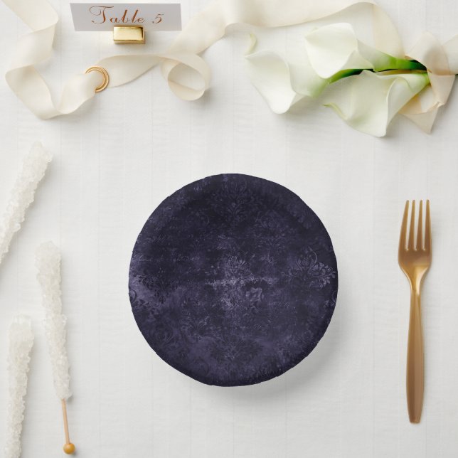 Cuencos De Papel Velvety Midnight Damask | Grunge índigo morado (Boda)