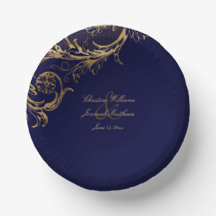 Cuencos De Papel Vintage Navy Blue Gold Floral Damask Wedding