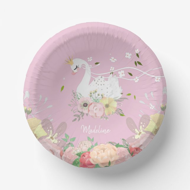 Cuencos De Papel Whimsical Floral Swan Birday (Anverso)