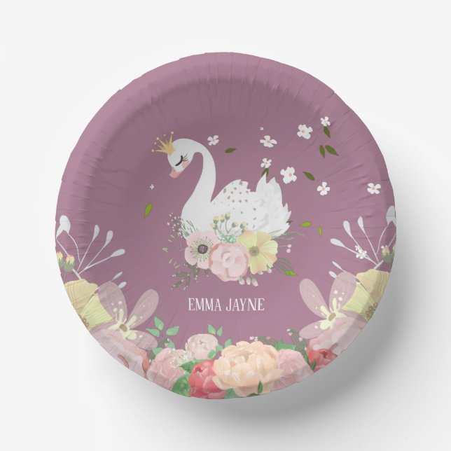Cuencos De Papel Whimsical Floral Swan Birday (Anverso)