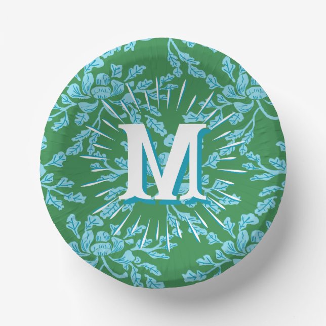 Cuencos De Papel Winding Peony Woodcut in Green + Aqua Personalized (Anverso)