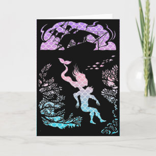Cuento de hadas clásico de sirena. Tarjeta en blan