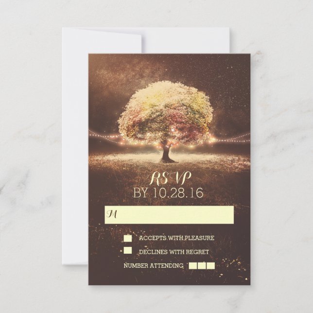 Cuerdas de cartas RSVP de boda en árbol de luces (Anverso)