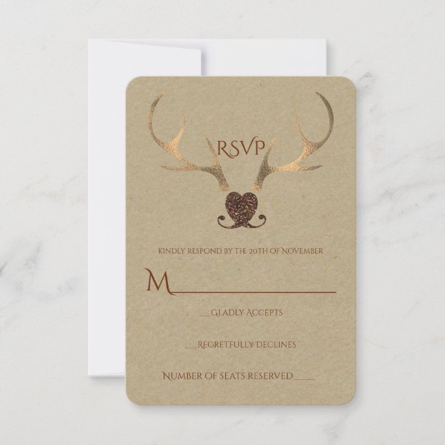 Cuerno Dorado & Papel Marrón RSVP de Boda Rústica (Anverso)